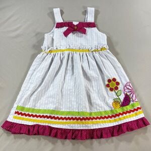 Samara Girls White Striped Dress Bow Applique Ruffle Hem Summer Outfit Size 5